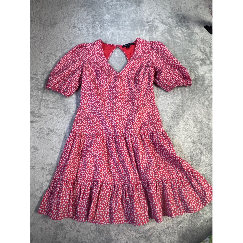 French Connection Red Floral Puff Sleeve Tiered Mini Dress Size 8 - Picture 3 of 9